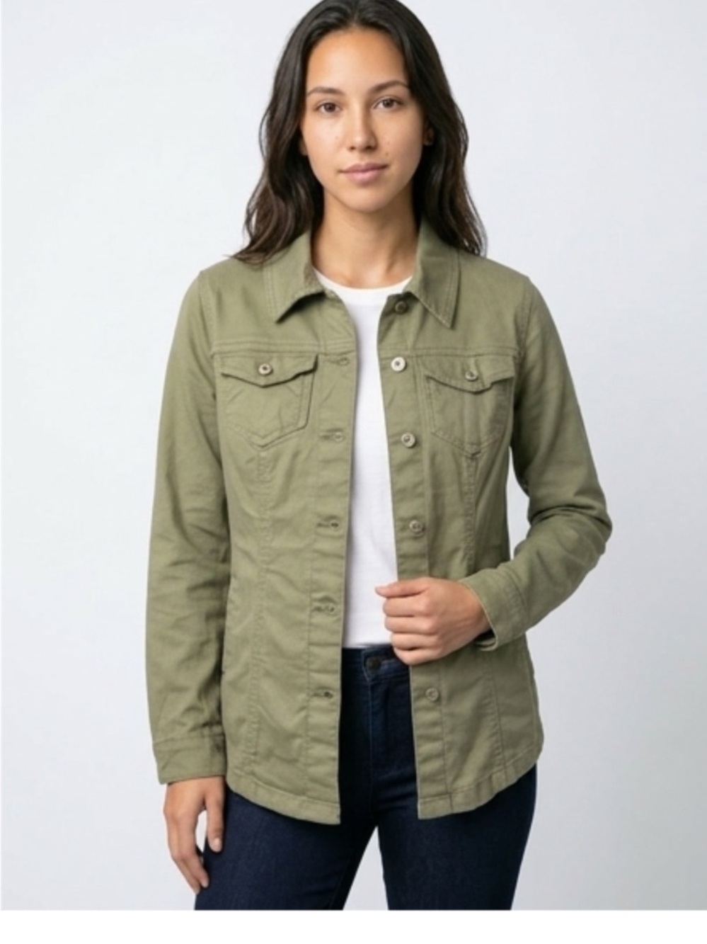 Curve Jean Olive Green Button-Up Shirt Jacket S Minimalist, Preppy, Streetwear